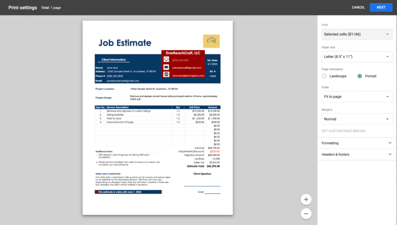 The job estimate in the print settings window, ready to print on one page.